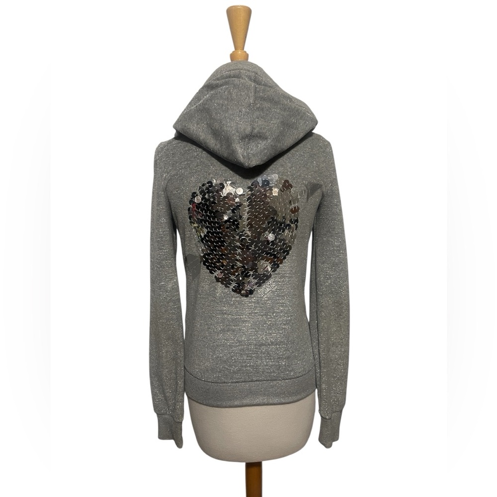 VTG VS Pink Silver Metallic Sparkly Heart Zip Hoodie XS